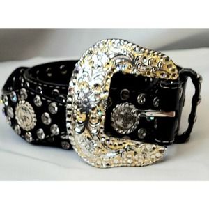 Nocona Leather Belt Women's Size 39 Black Silver Buckle Bling Show Gypsy Western